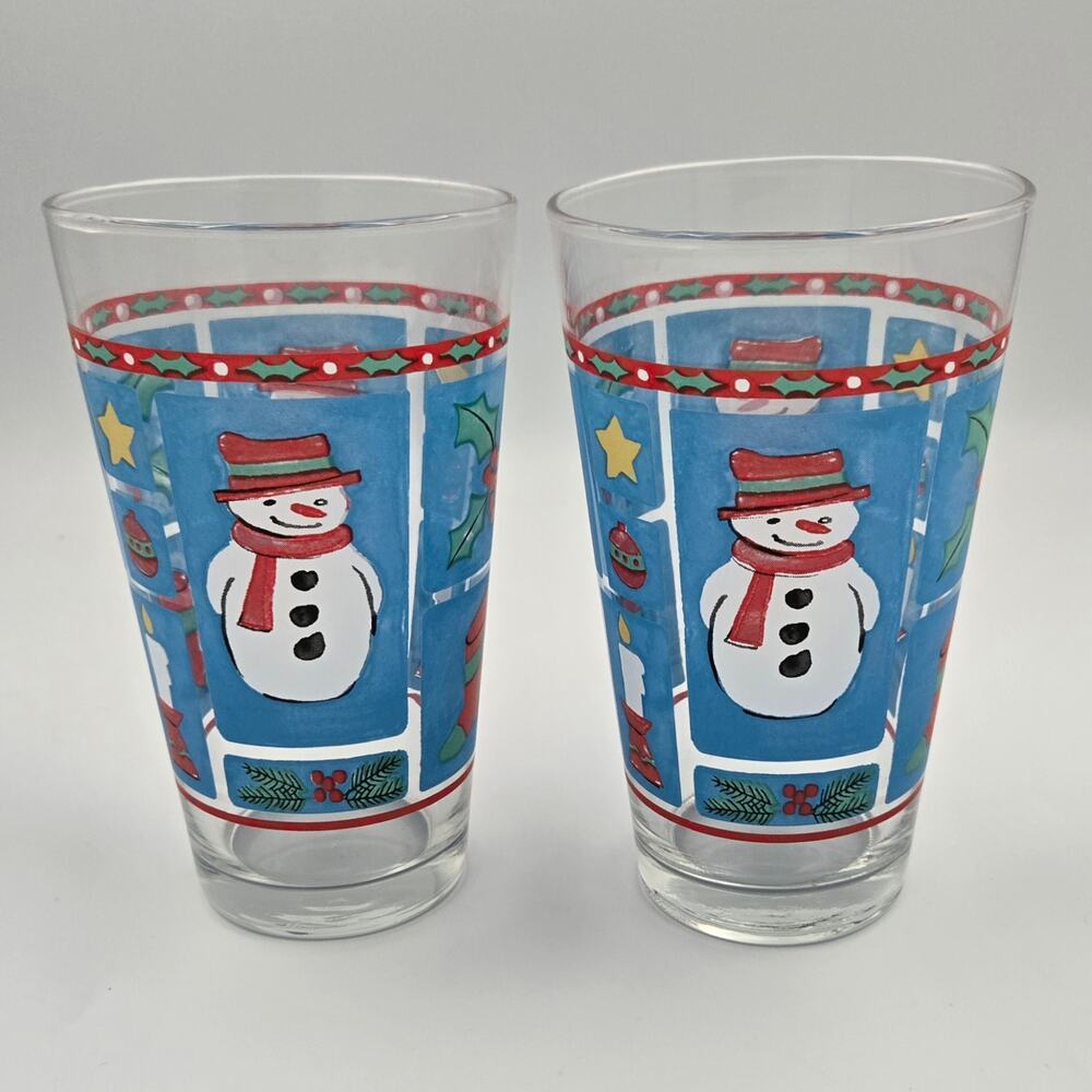 Two Libbey Holiday Stamp Snowman Holiday Tumblers